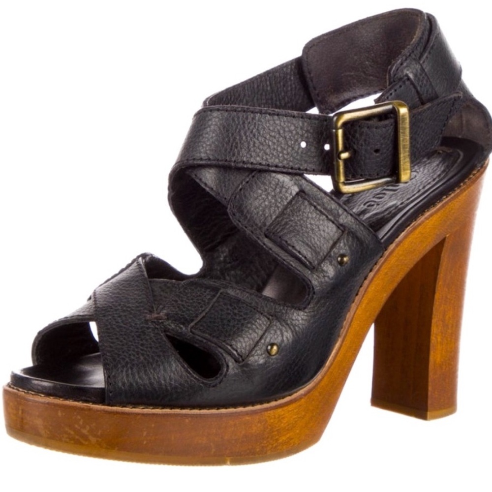 Chloe Boho Wood Heels Black Leather Chunky Platform Vintage Strappy Sandals 38 8